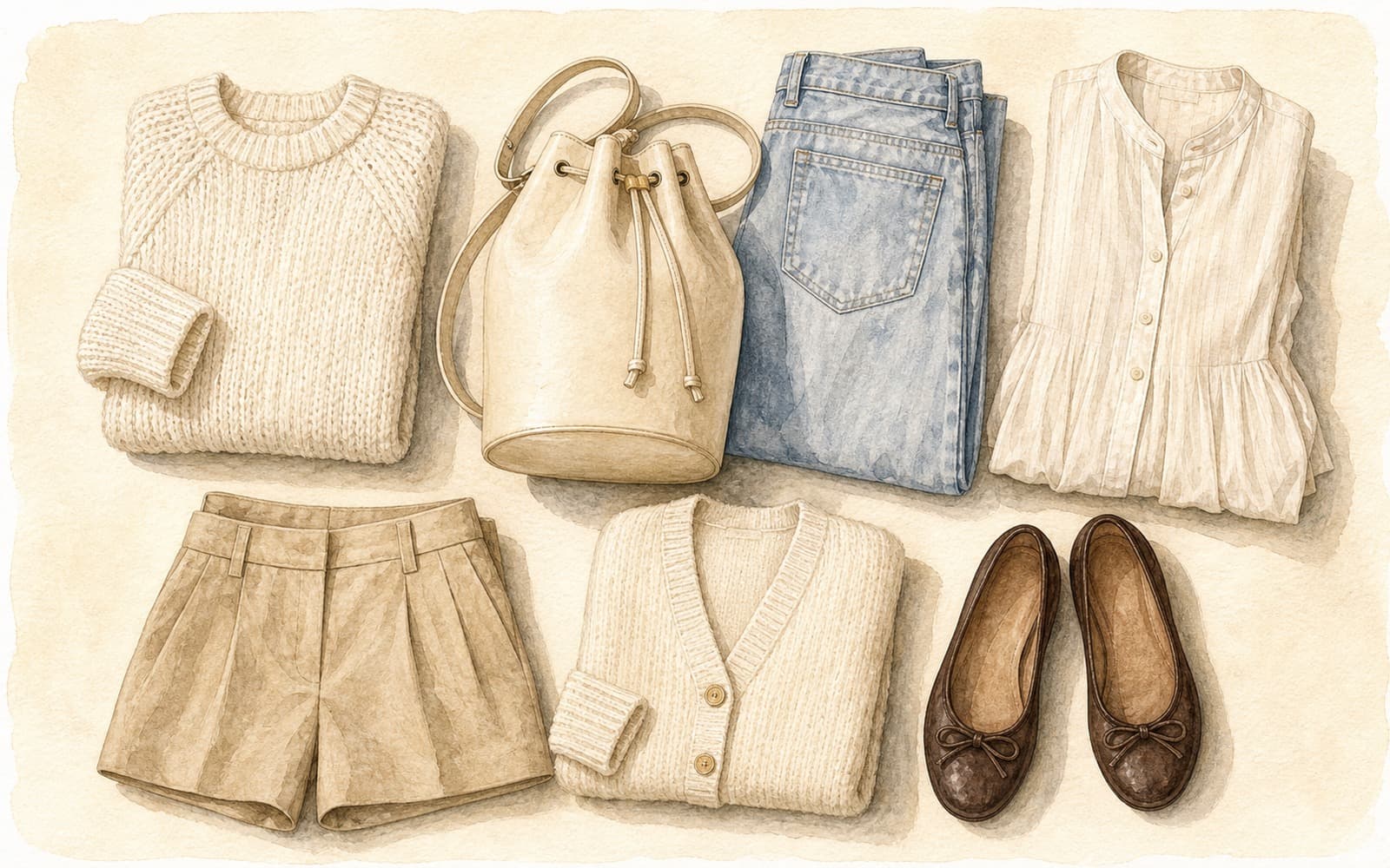 Flat-lay of a cream leather bucket bag with cream chunky knit, light indigo jeans, cream linen shirtdress, beige shorts, cream knit cardigan, and dark brown ballet flats on cream paper.