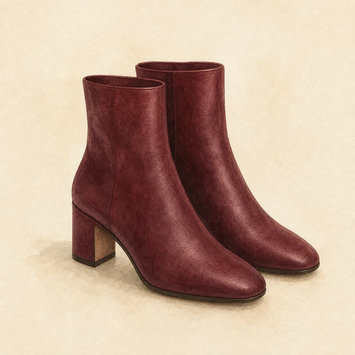 Watercolour illustration of a pair of burgundy leather ankle boots with block heel, on cream paper.