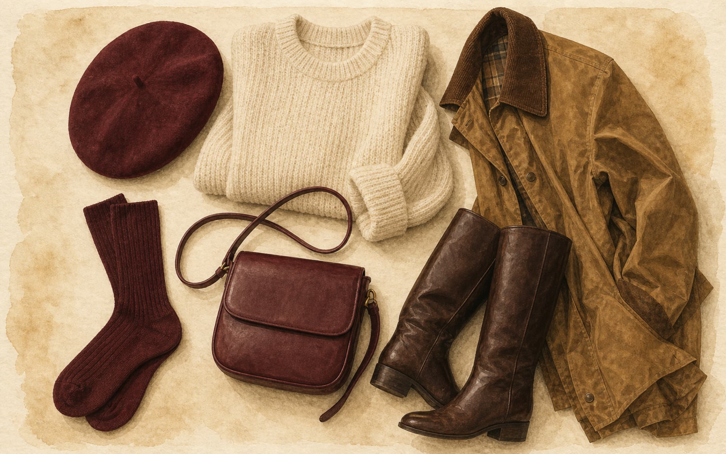 Flat-lay of a burgundy crossbody bag, burgundy beret and socks, cream knit sweater, camel wax barn coat, and tall brown leather boots arranged on cream paper.