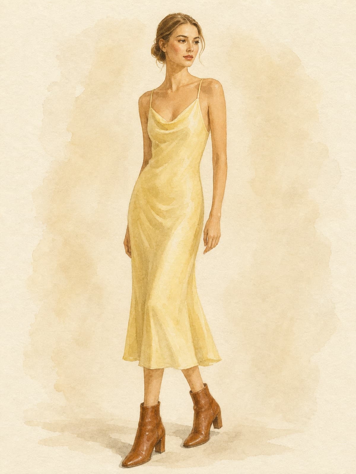 Watercolour illustration of an original figure with complete facial features in a butter-yellow silk slip dress with cognac heels and bag, in 1990s minimalist style.