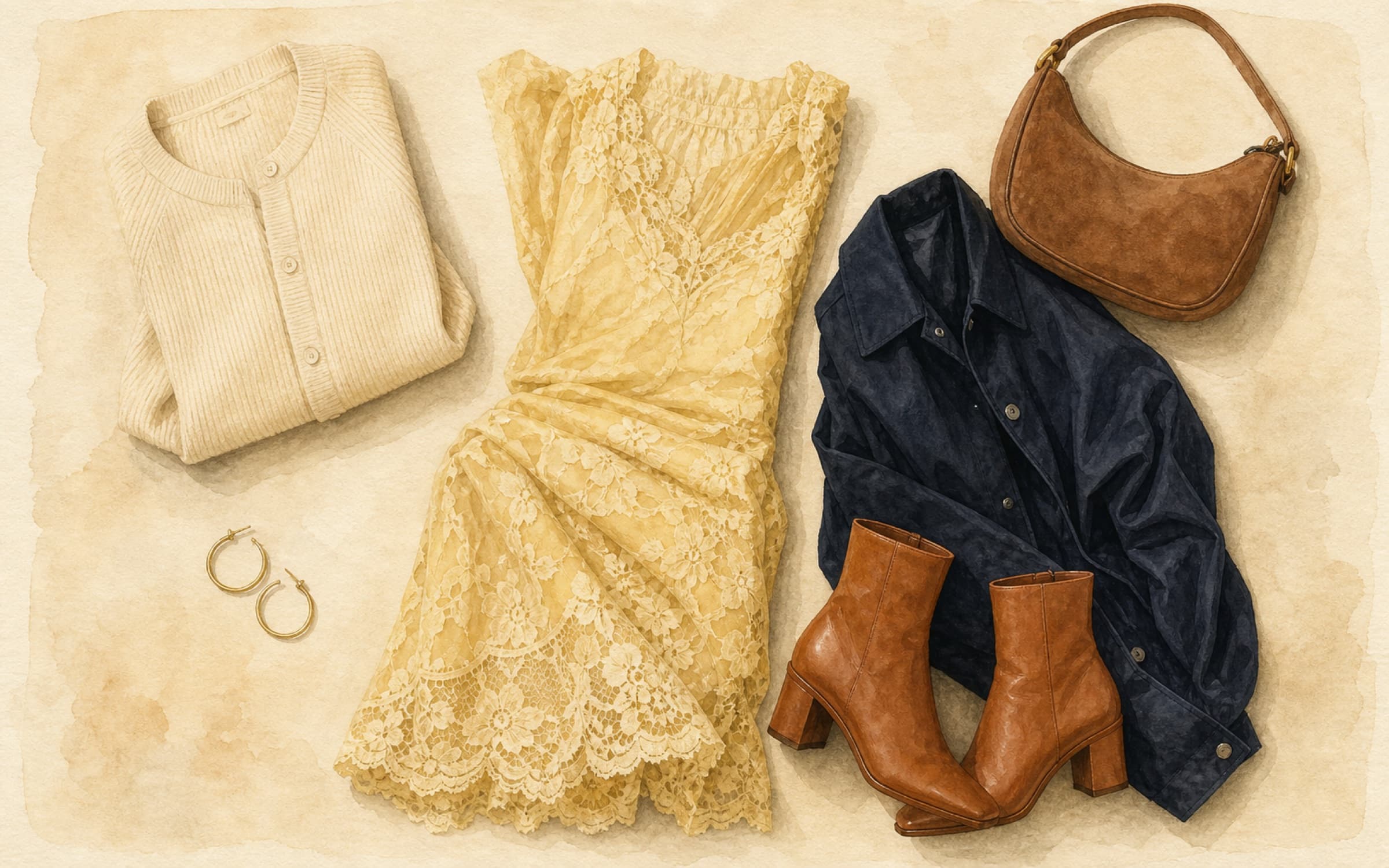 Flat-lay of a butter-yellow lace maxi dress with cream cardigan, cognac ankle boots, camel chain bag, dark navy coach jacket, and yellow sandals.