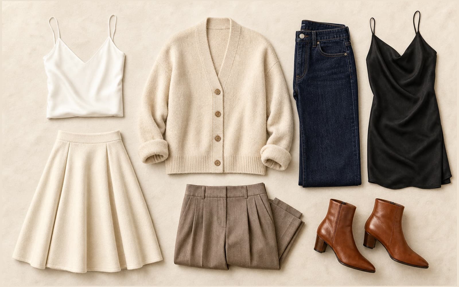 Flat-lay of a cream cashmere cardigan with a white cami top, dark indigo jeans, black slip dress, ivory midi skirt, taupe pleated trousers, and cognac ankle boots on cream paper.