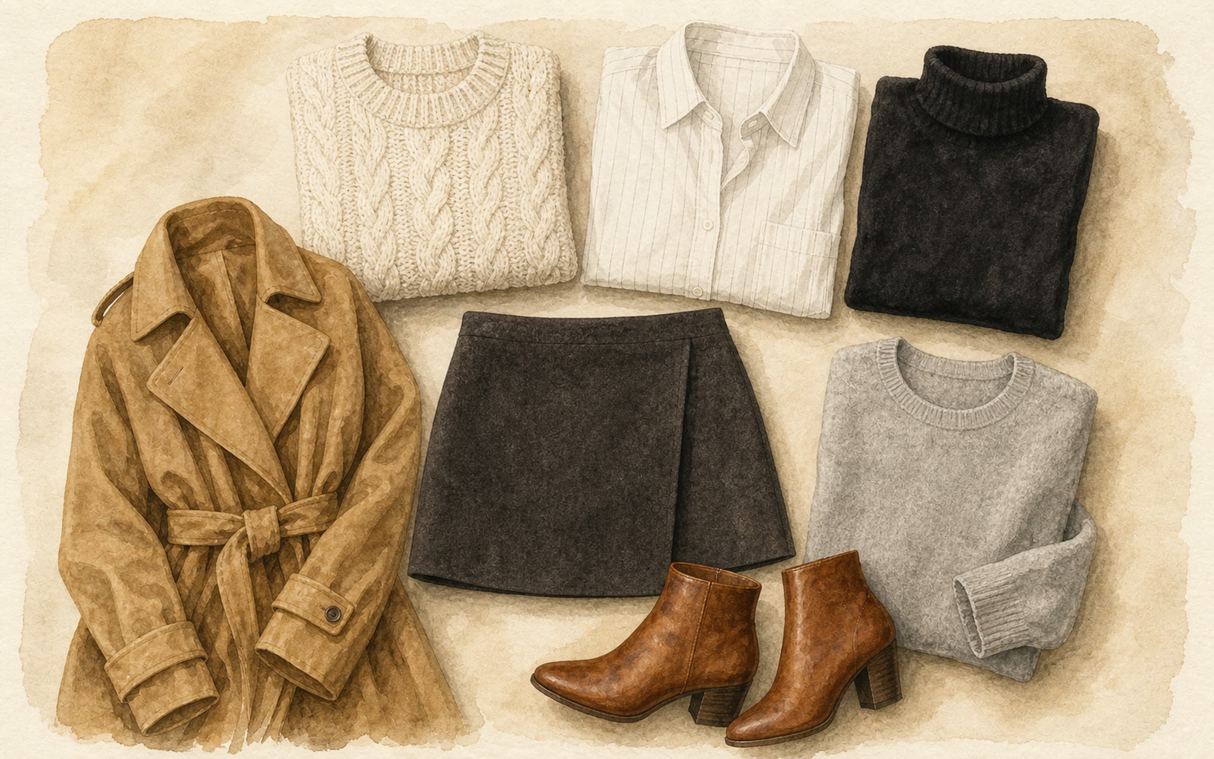 Flat-lay of a charcoal wool skirt with cream chunky knit, white pinstripe shirt, black turtleneck, camel trench, cognac ankle boots, and light grey sweater on cream paper.