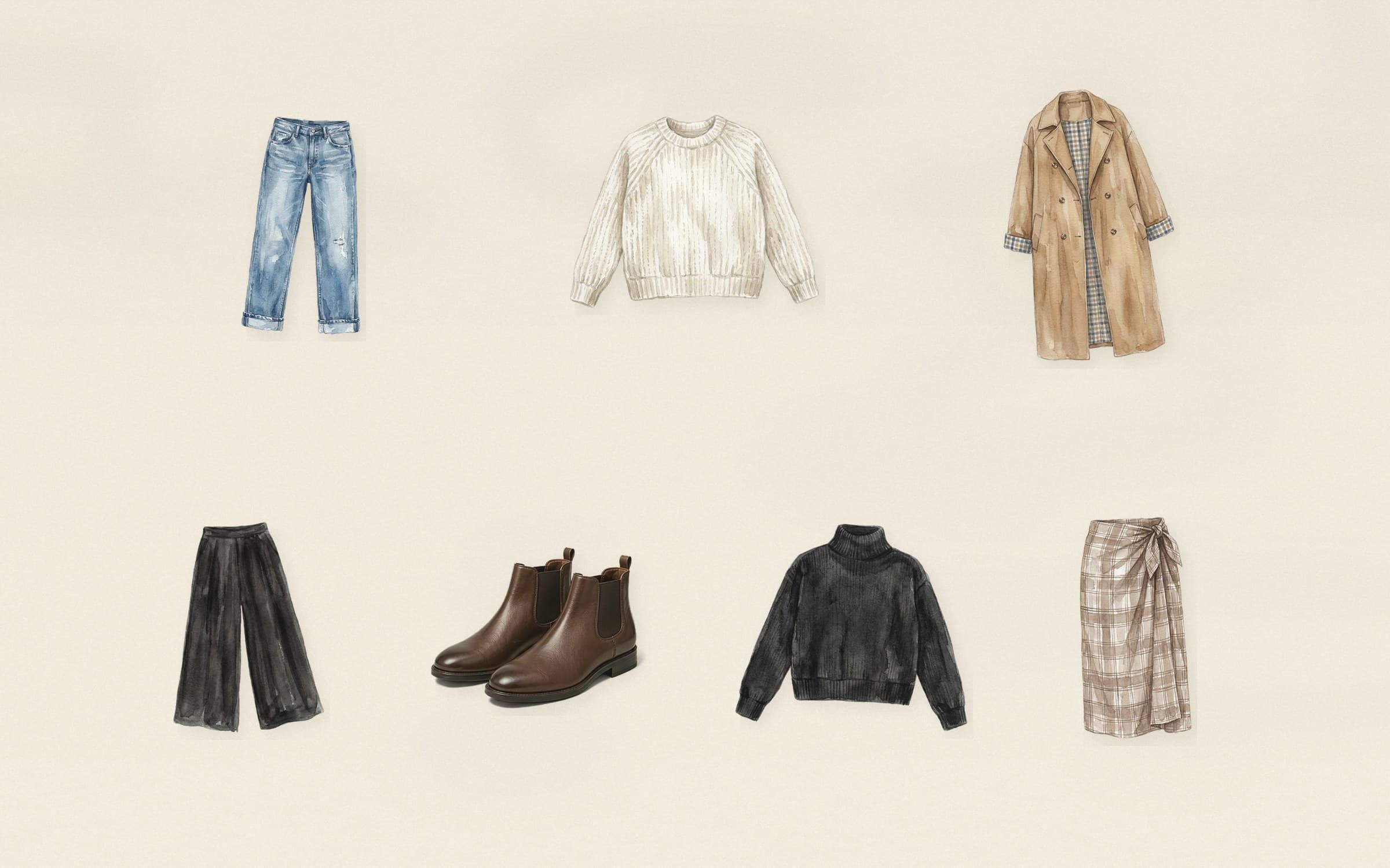 Flat-lay of dark brown leather Chelsea boots with mid-wash straight-leg jeans, cream chunky knit, black trousers, black turtleneck, camel trench, and plaid wrap midi skirt on cream paper.