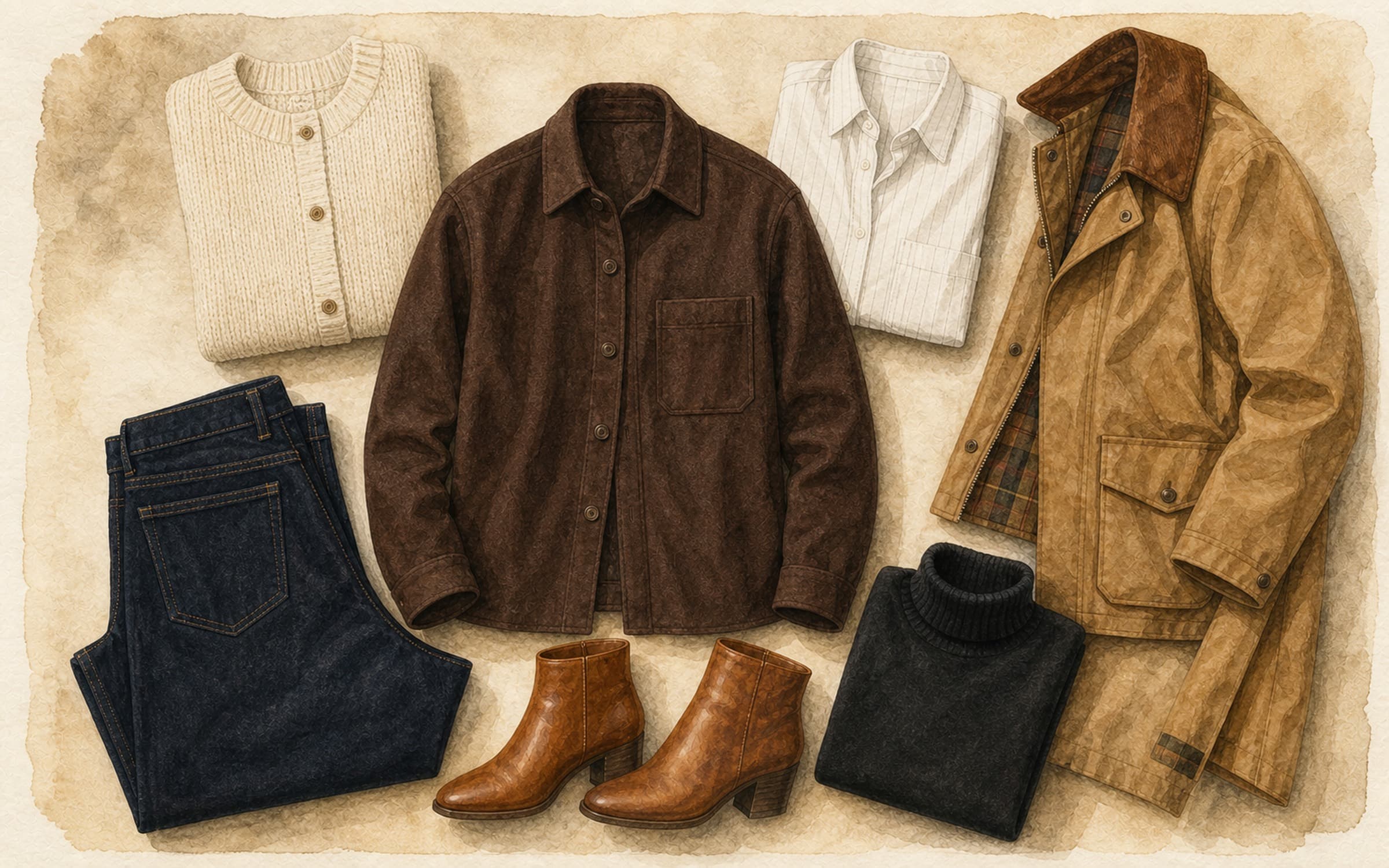 Flat-lay of a dark chocolate brown overshirt jacket with cream knit cardigan, white pinstripe shirt, camel barn coat, dark indigo jeans, cognac ankle boots, and black turtleneck on cream paper.
