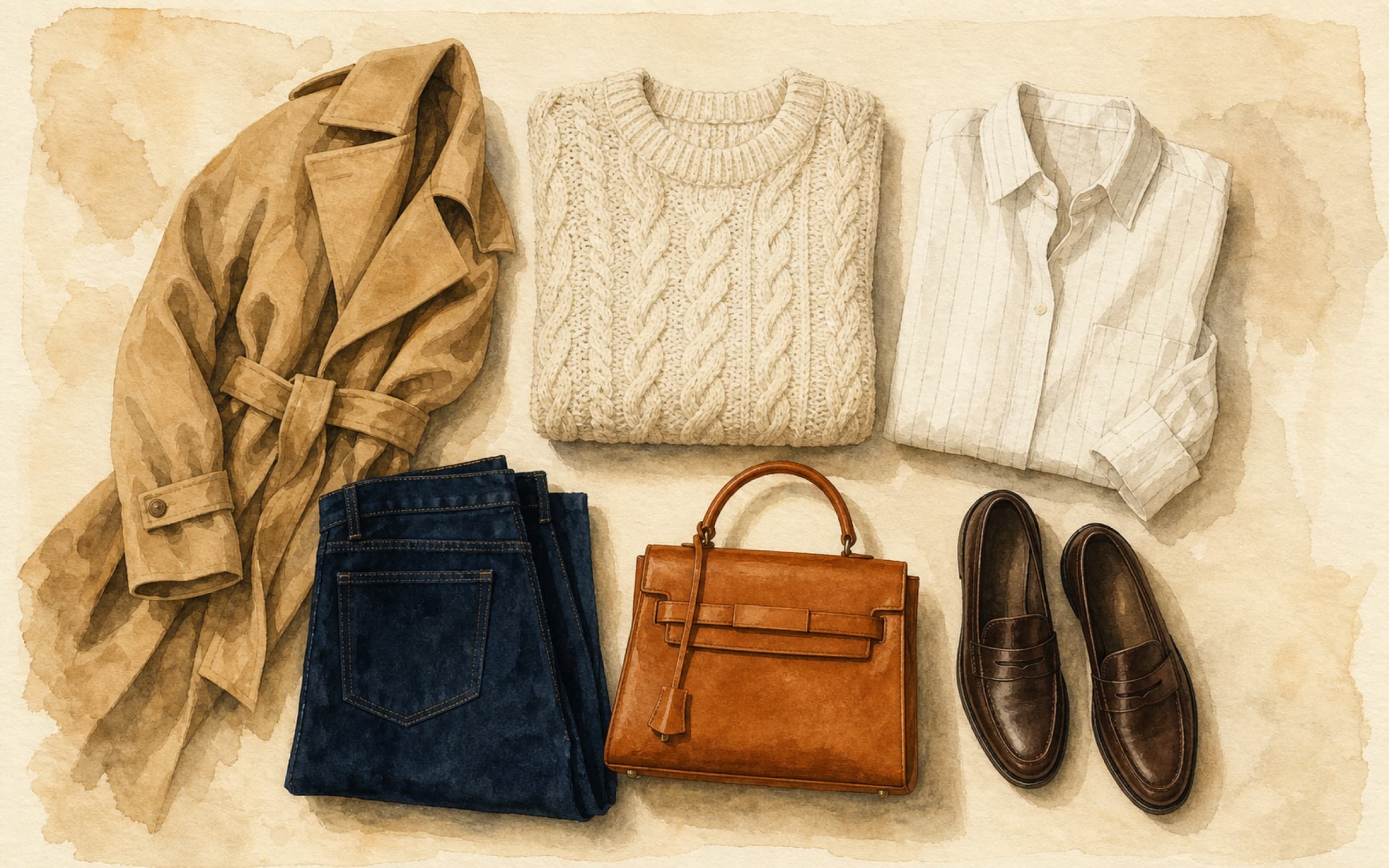 Flat-lay of a cream chunky knit, white pinstripe shirt, camel trench, dark indigo jeans, cognac leather bag, and dark brown loafers arranged on cream paper.