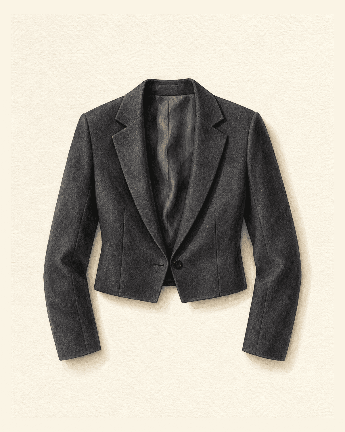 Charcoal wool cropped blazer with notch lapels, single waist button, and waist-skimming hem, draped open on cream paper.