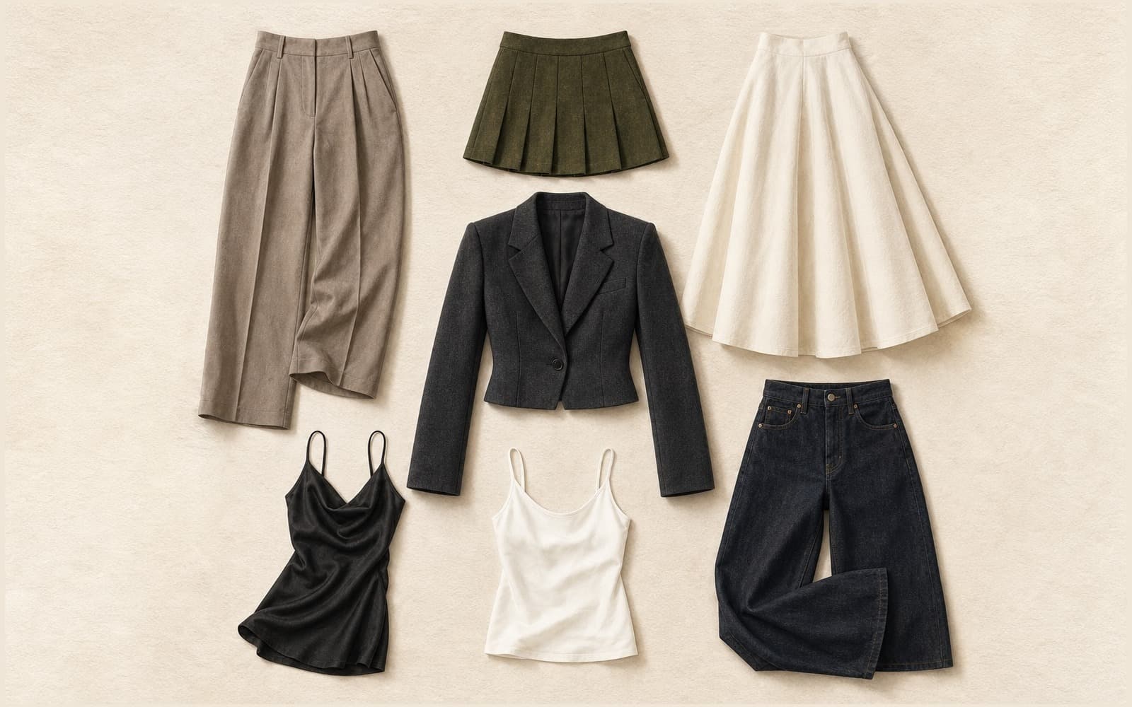 Flat-lay of a charcoal wool cropped blazer with taupe pleated trousers, olive mini skirt, ivory midi skirt, black slip dress, white cami, and dark indigo jeans on cream paper.