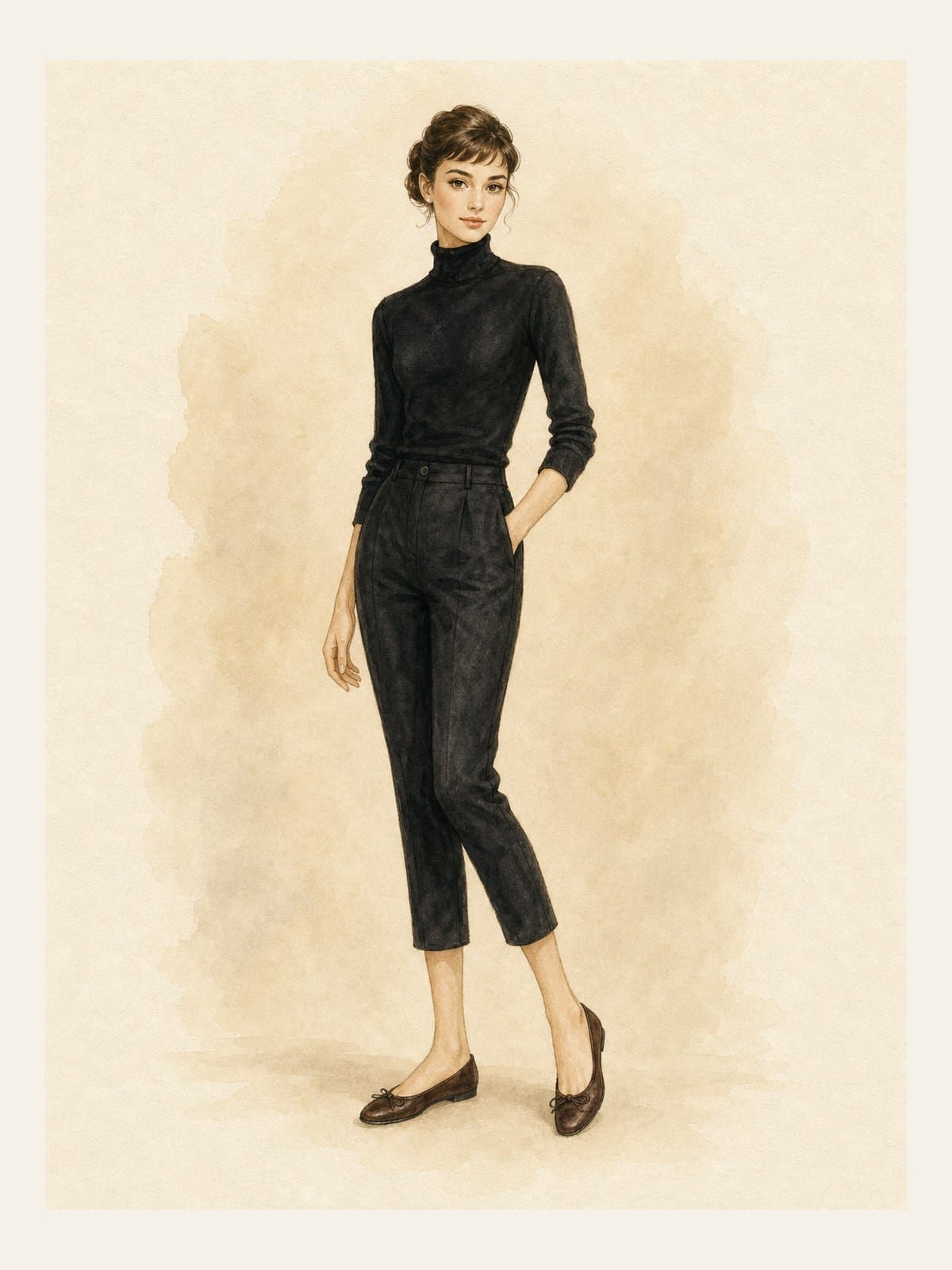 Watercolour illustration of an original figure with complete facial features in slim black cropped capri trousers, fitted black turtleneck, and brown ballet flats, in 1957 editorial style.