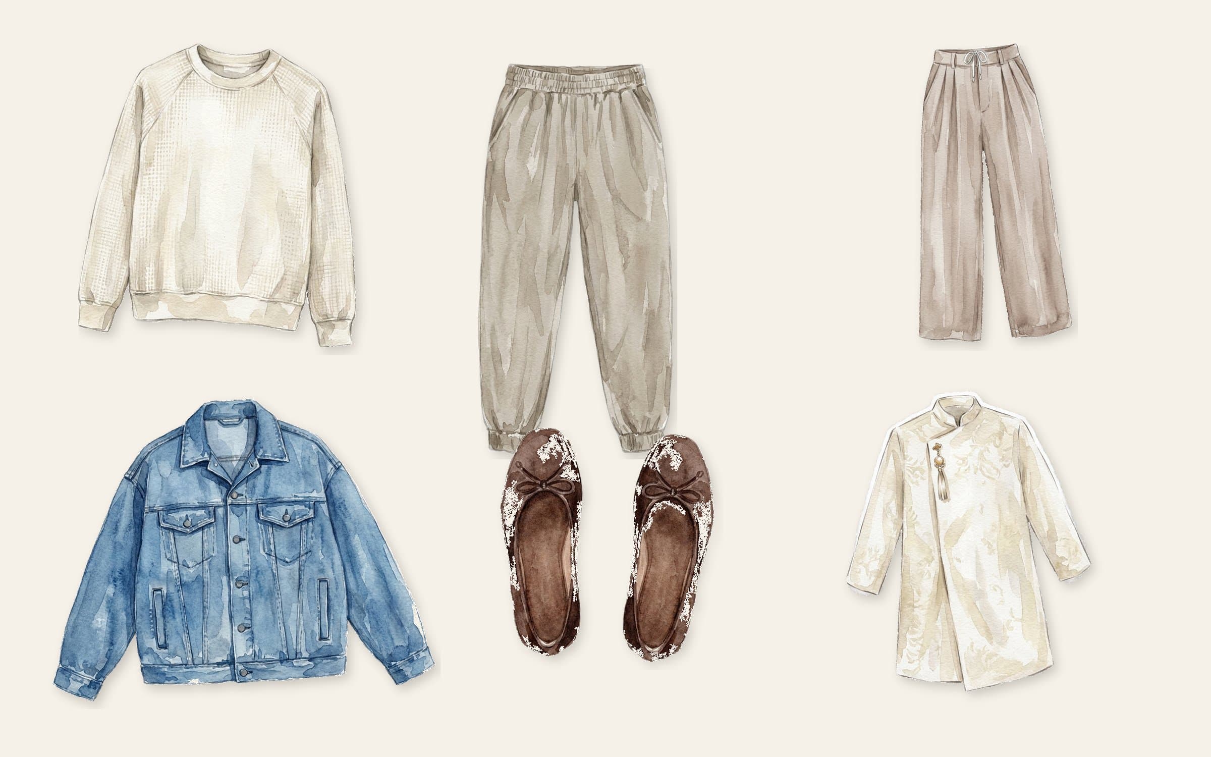 Flat-lay of stone relaxed tapered cropped trousers with cream crewneck, brown ballet flats, taupe pleated trousers, denim jacket, and cream longline coat on cream paper.