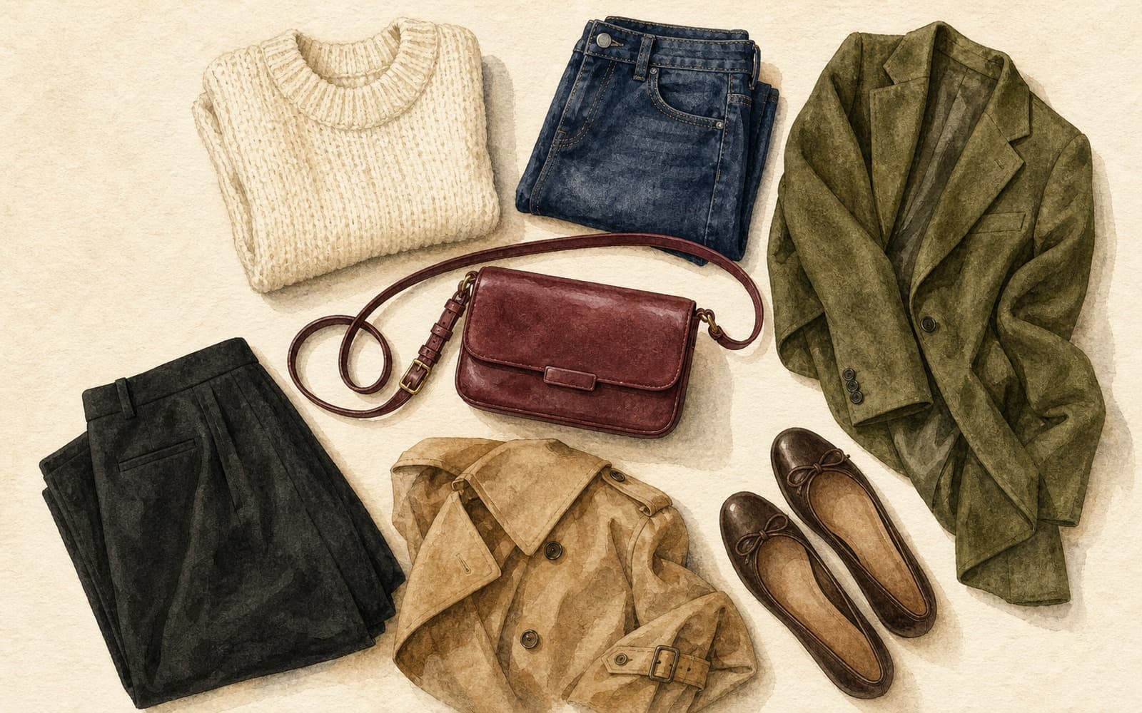 Flat-lay of a burgundy leather crossbody bag with cream chunky knit, dark indigo jeans, olive wool blazer, black trousers, camel trench, and dark brown ballet flats on cream paper.