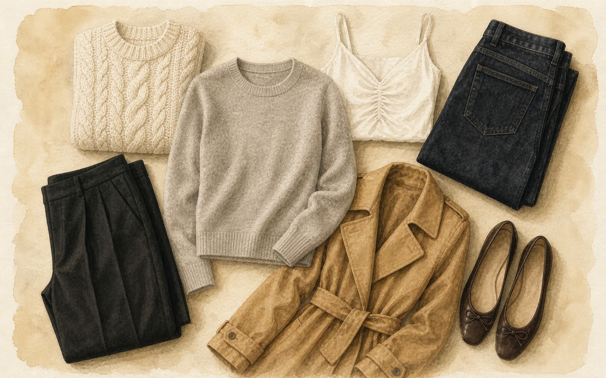 Flat-lay of a warm dove-grey cashmere sweater with cream chunky knit, white cami, dark indigo jeans, black trousers, camel trench, and dark brown ballet flats on cream paper.