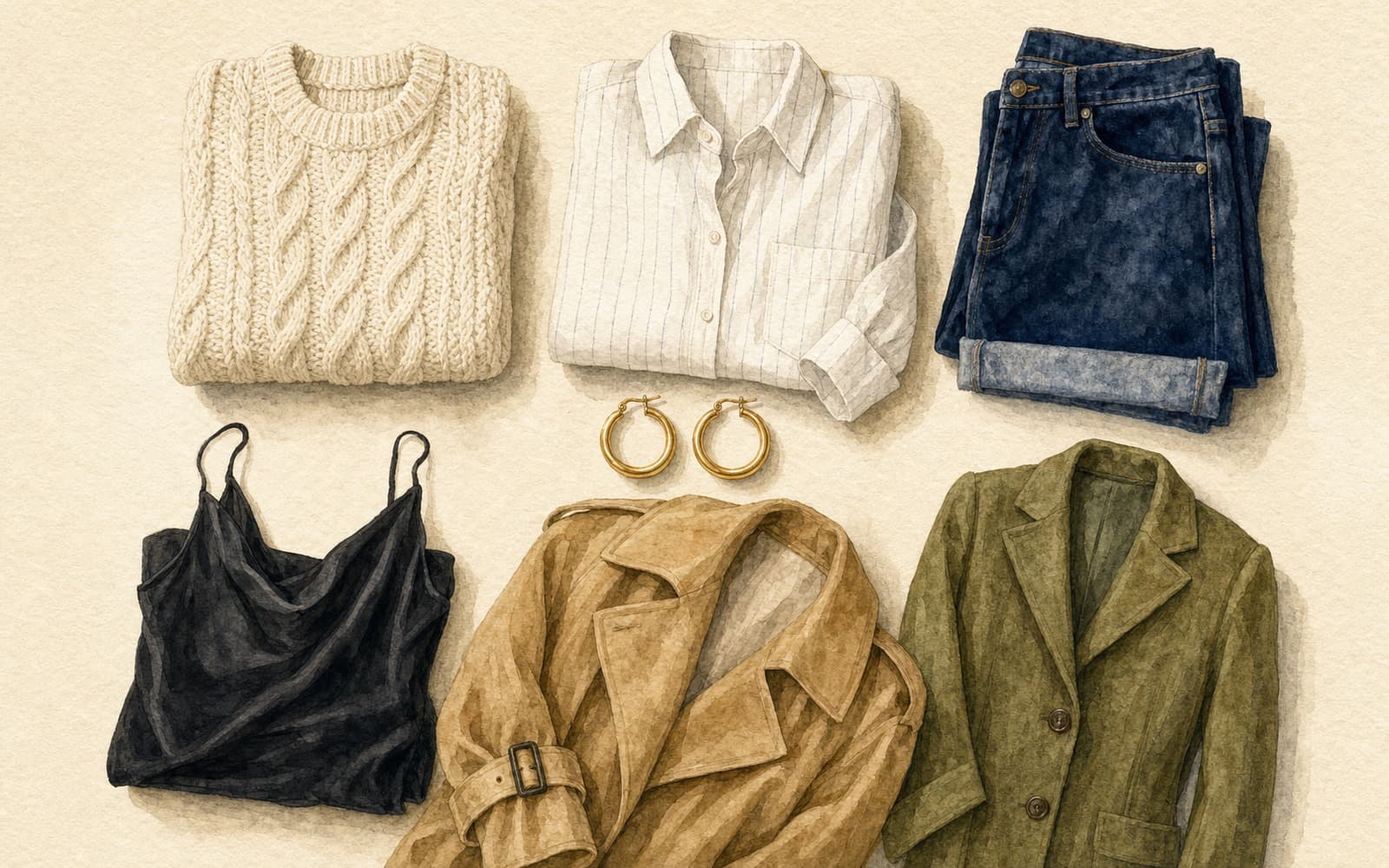 Flat-lay of a pair of medium yellow gold hoop earrings with cream chunky knit, white pinstripe shirt, dark indigo jeans, black slip dress, camel trench, and olive blazer on cream paper.