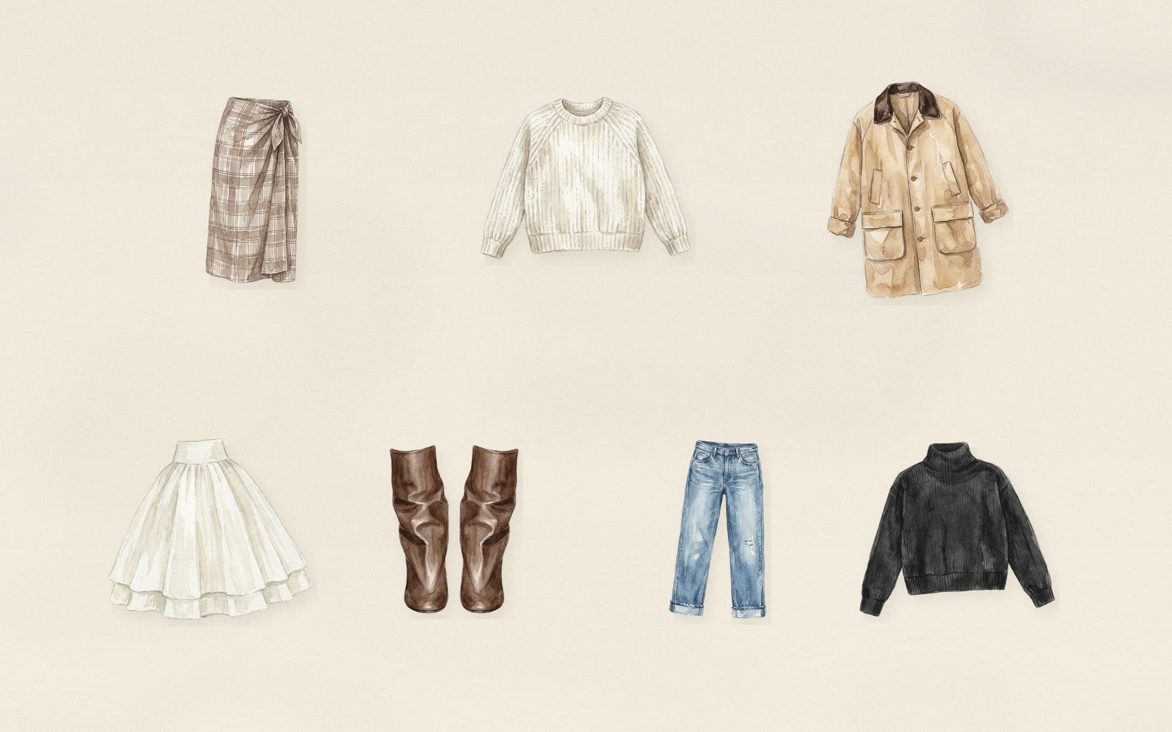 Flat-lay of tall brown leather knee-high boots with plaid wrap midi skirt, cream chunky knit, ivory midi skirt, camel barn coat, mid-blue straight-leg jeans, and black turtleneck on cream paper.