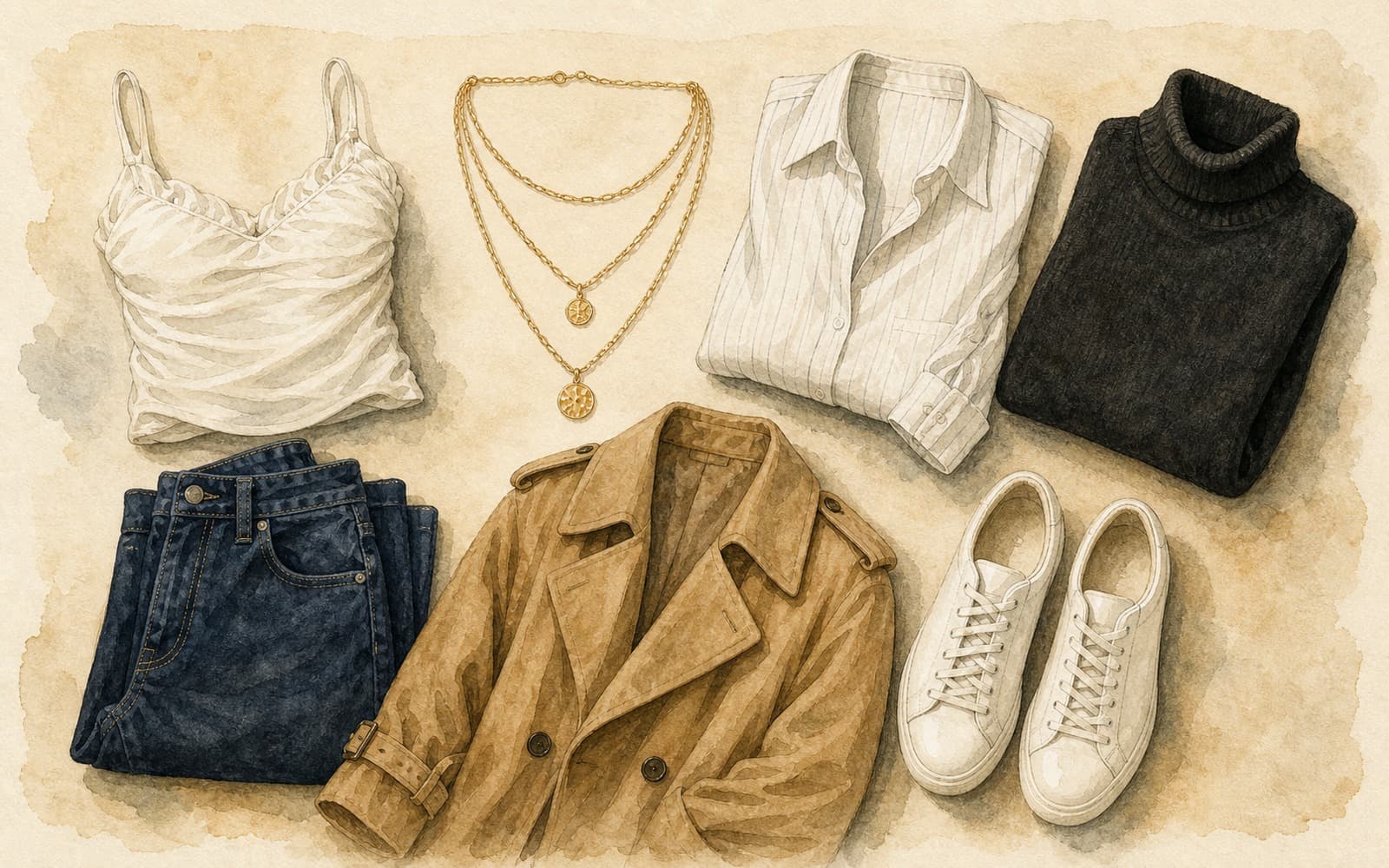 Flat-lay of three layered yellow gold chain necklaces with white silk cami, white pinstripe shirt, black turtleneck, dark indigo jeans, camel trench coat, and white sneakers on cream paper.