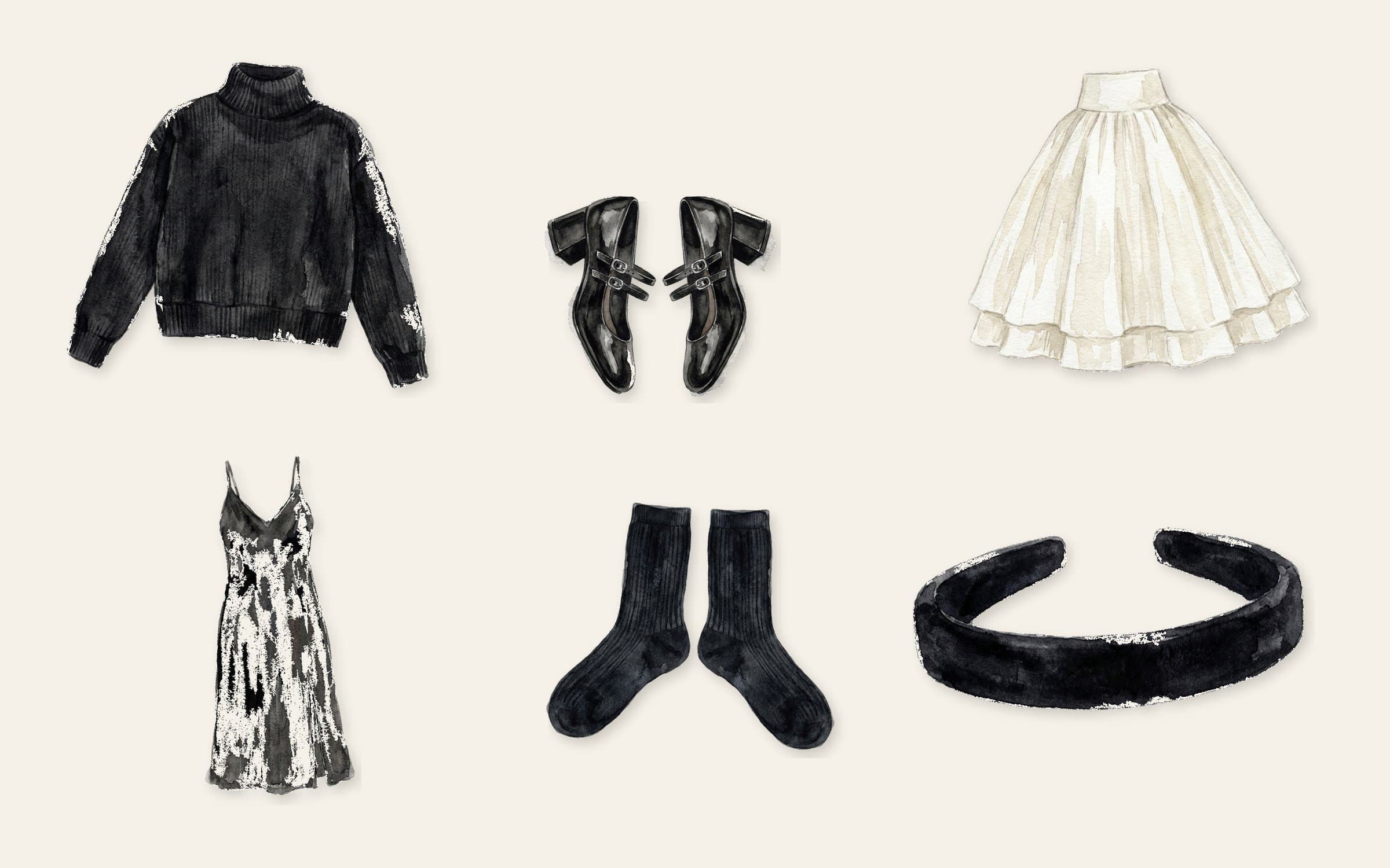 Flat-lay of black block-heel Mary Janes with black turtleneck, ivory voluminous midi skirt, black slip dress, black crew socks, and black velvet headband on cream paper.