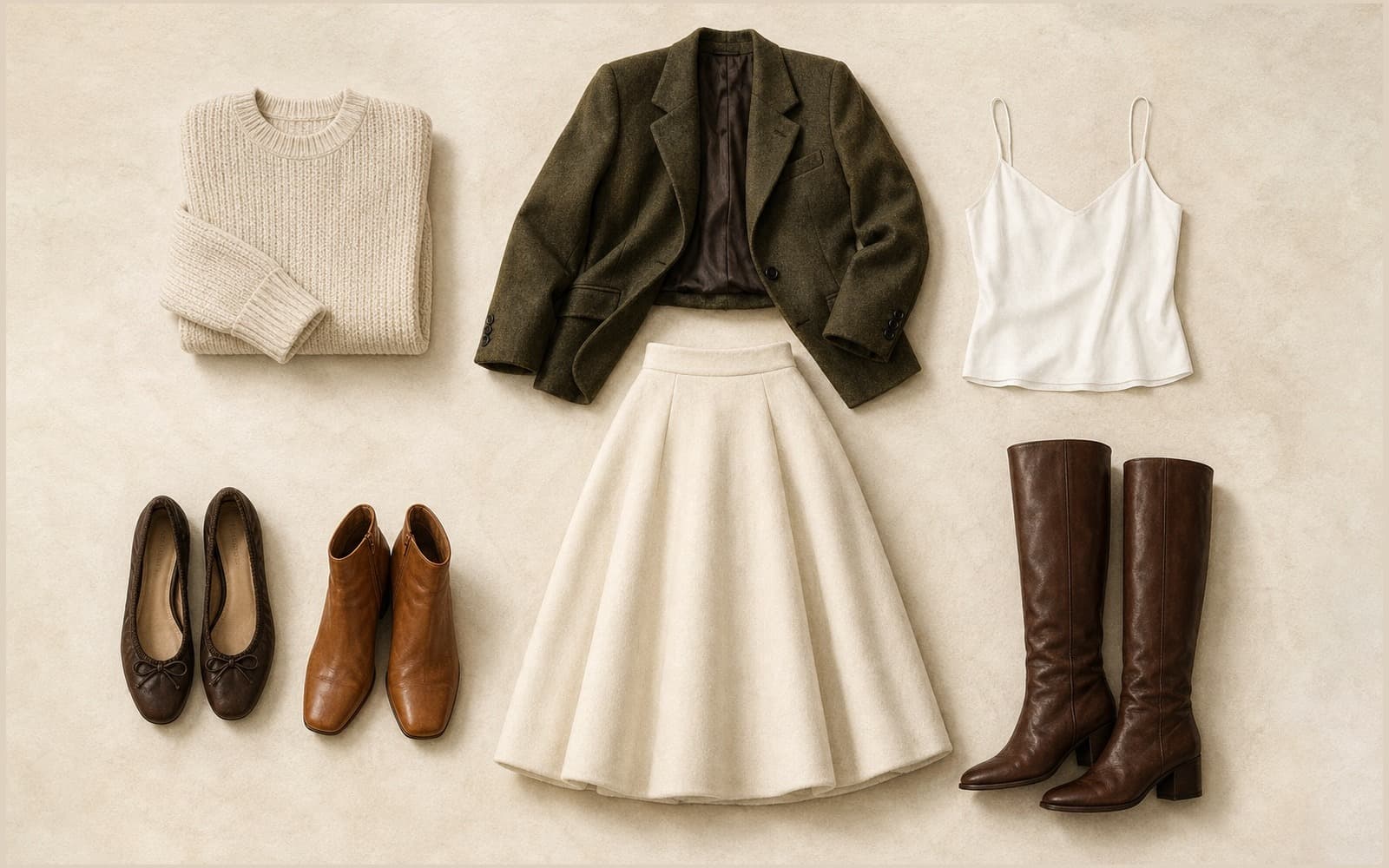 Flat-lay of an ivory voluminous midi wool skirt with cream chunky knit, olive blazer, white cami, dark brown ballet flats, cognac ankle boots, and tall brown knee-high boots on cream paper.