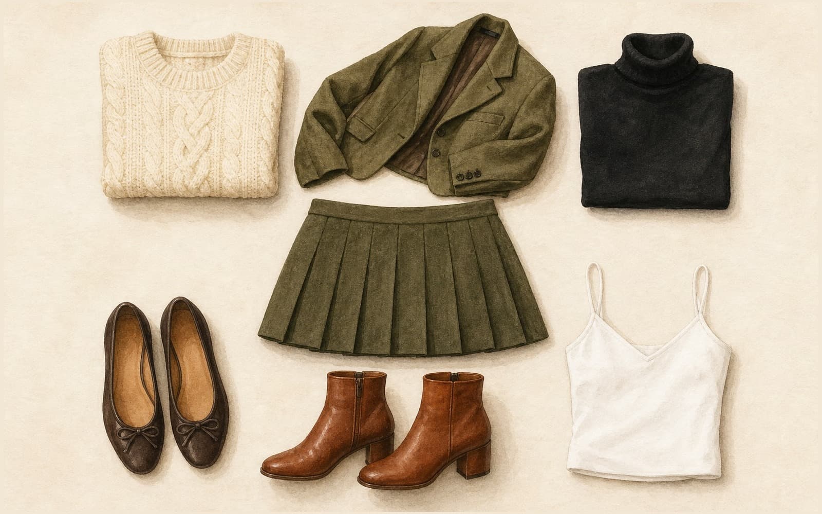 Flat-lay of an olive wool pleated mini skirt with cream chunky knit, olive blazer, black turtleneck, dark brown ballet flats, cognac ankle boots, and a white cami top on cream paper.