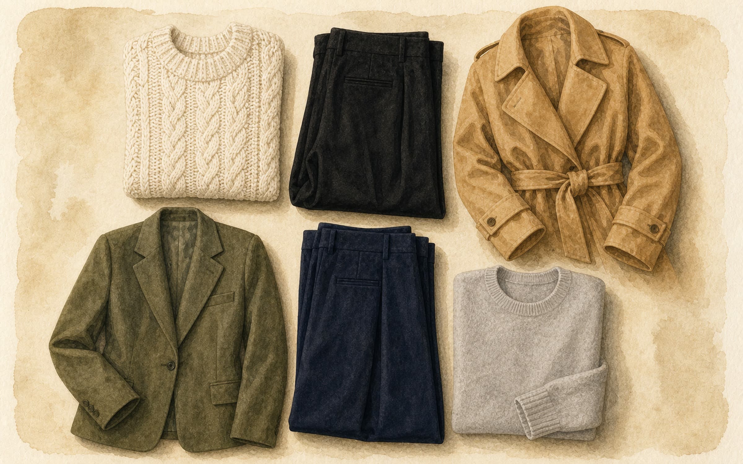 Flat-lay of six monochrome pieces — cream chunky knit, black wool trousers, camel trench, olive blazer, navy trousers, dove-grey cashmere — on cream paper.