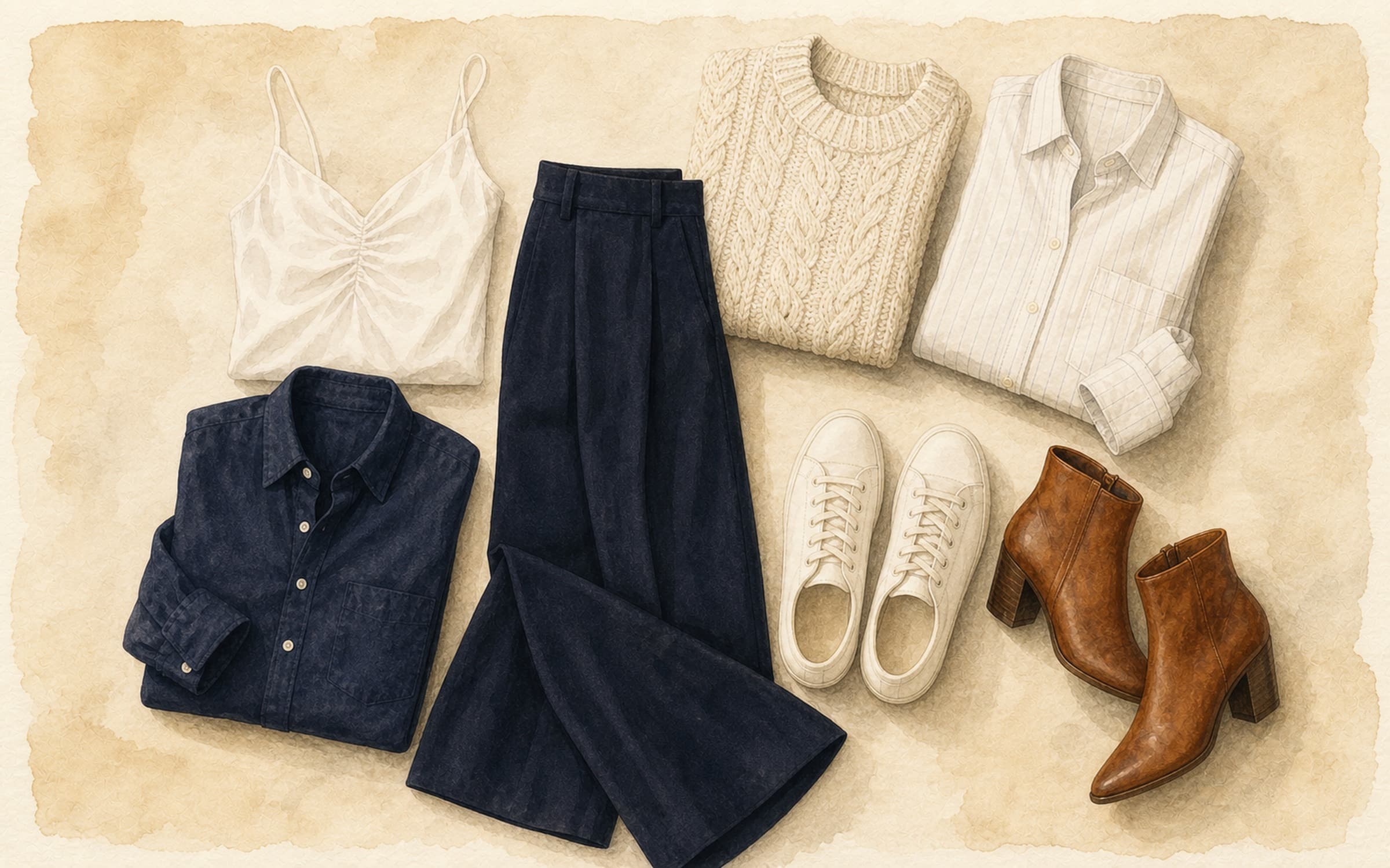 Flat-lay of dark navy wool wide-leg trousers with white silk cami, cream chunky knit, white pinstripe shirt, navy button-down, white sneakers, and cognac ankle boots on cream paper.