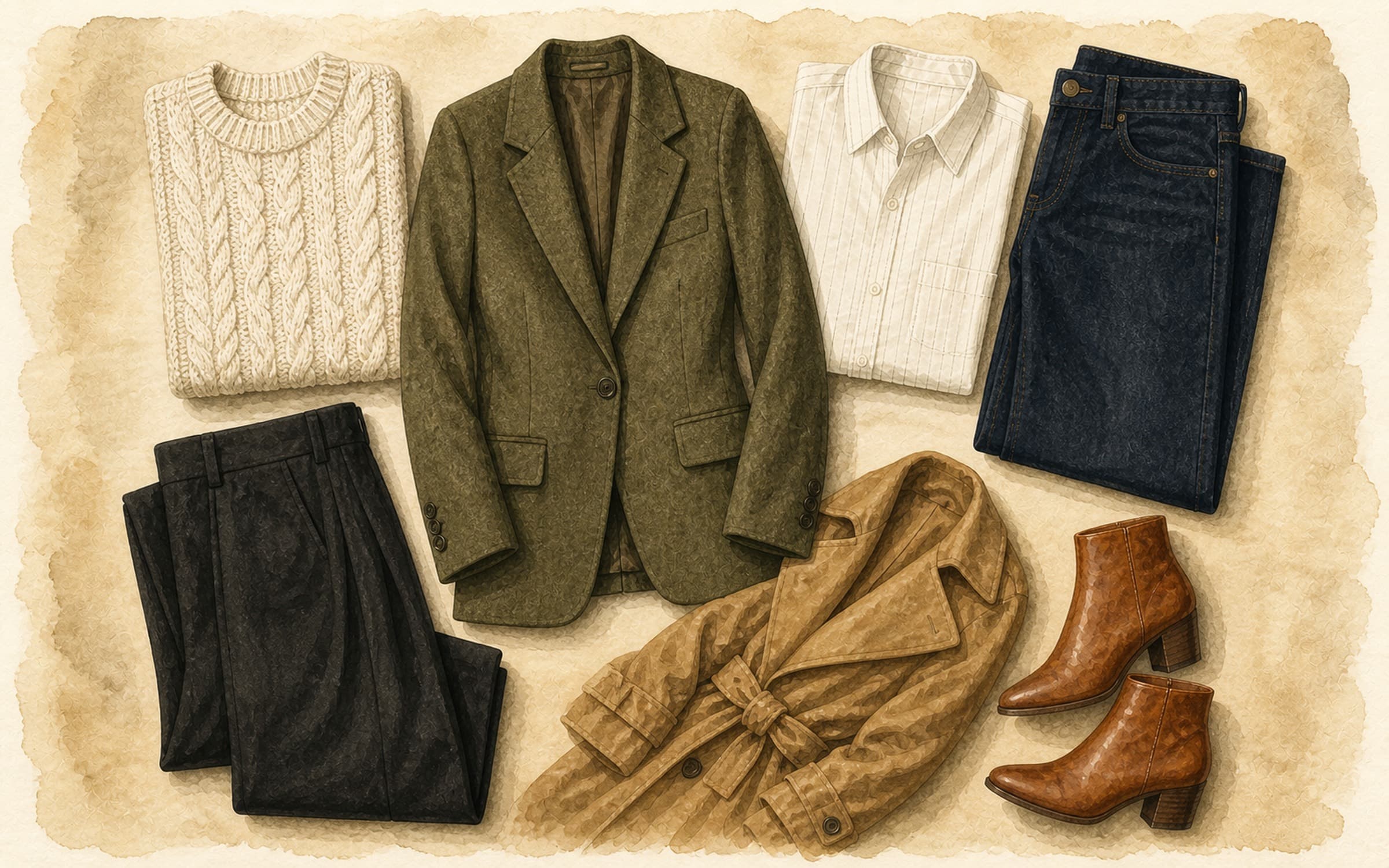 Flat-lay of an olive green wool blazer with cream chunky knit, white pinstripe shirt, dark indigo jeans, black trousers, camel trench coat, and cognac ankle boots on cream paper.