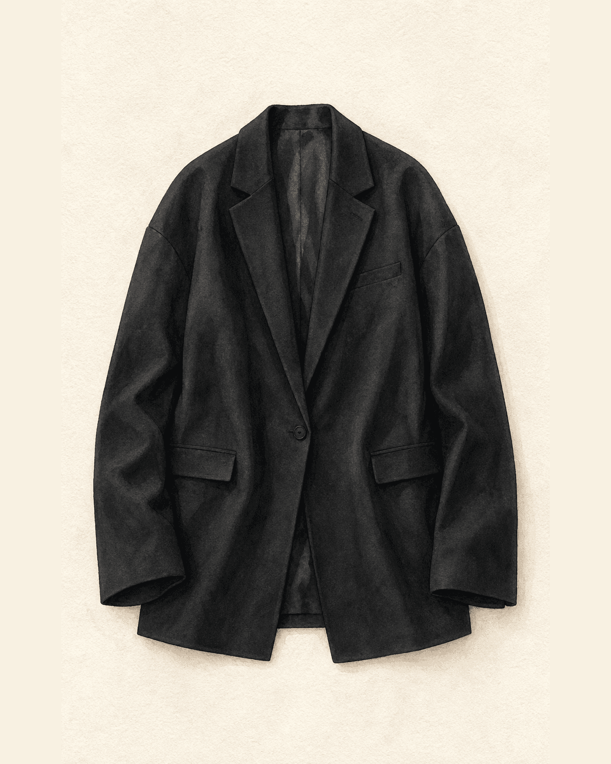 Black wool oversized blazer with dropped shoulders, longer sleeves, and mid-thigh hem, draped open on cream paper.