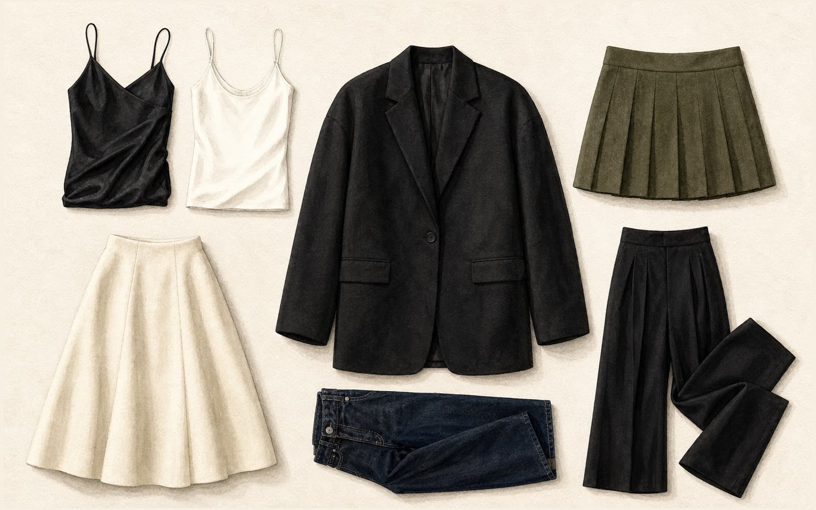 Flat-lay of a black wool oversized blazer with black slip dress, white cami, olive mini skirt, ivory midi skirt, dark indigo jeans, and black tailored trousers on cream paper.