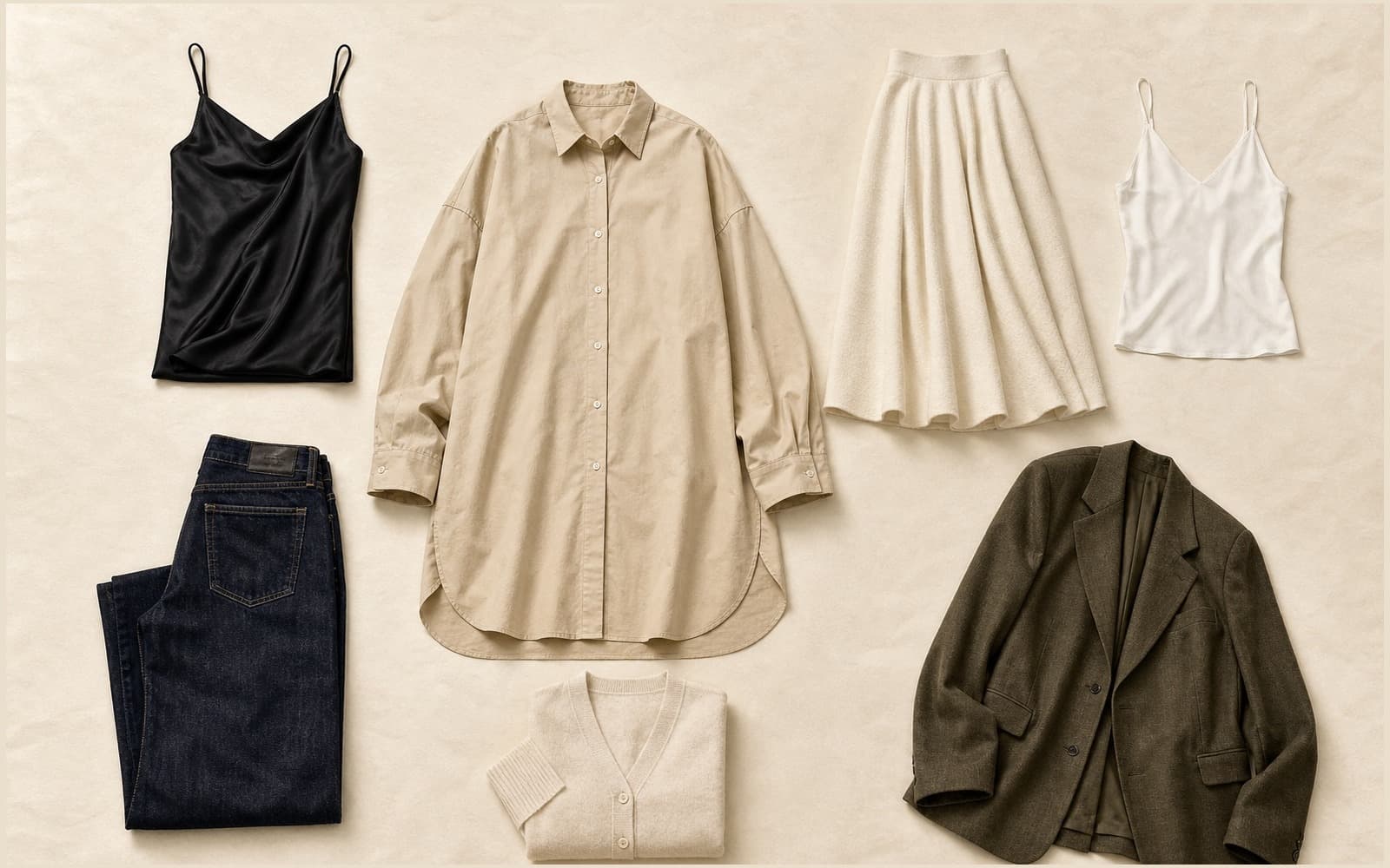 Flat-lay of a beige cotton oversized button-down with black slip dress, ivory midi skirt, white cami, dark indigo jeans, cream cardigan, and olive blazer on cream paper.