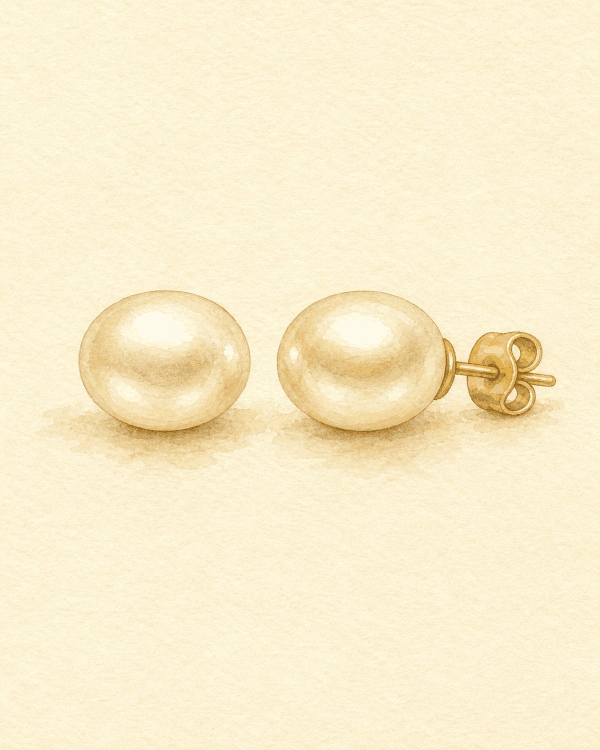 A pair of cultured Akoya pearl stud earrings in 14K gold posts on cream paper.