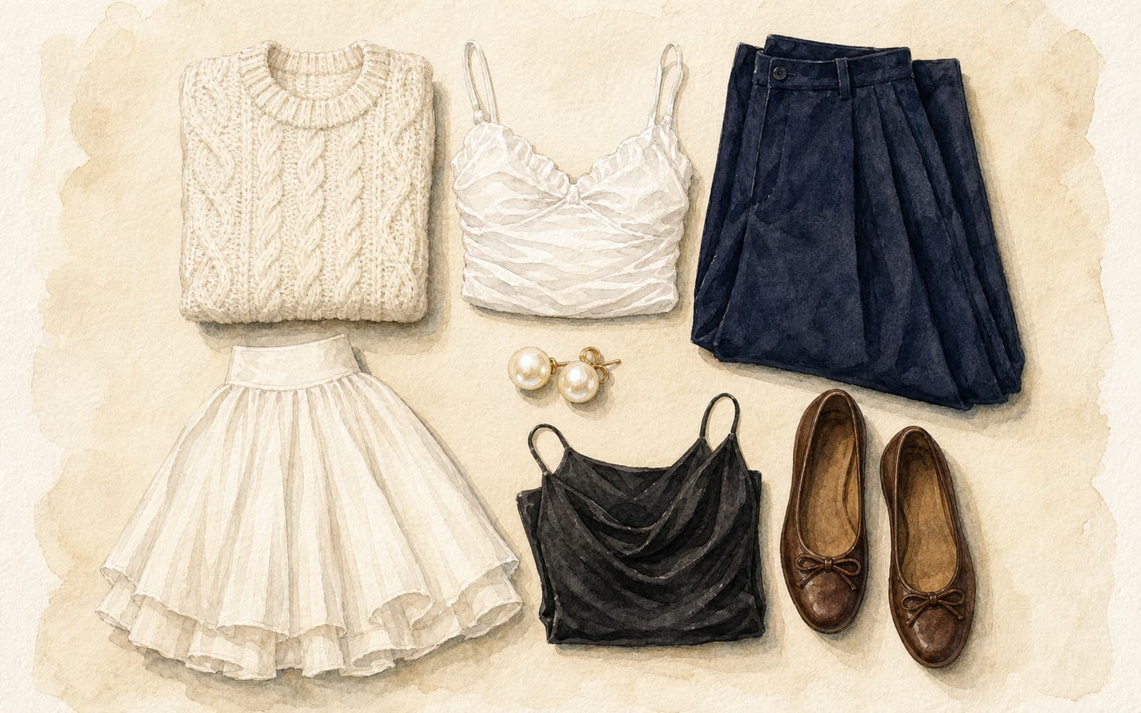 Flat-lay of a pair of cultured Akoya pearl stud earrings with cream chunky knit, white silk cami, dark navy trousers, ivory midi skirt, black slip dress, and dark brown ballet flats on cream paper.