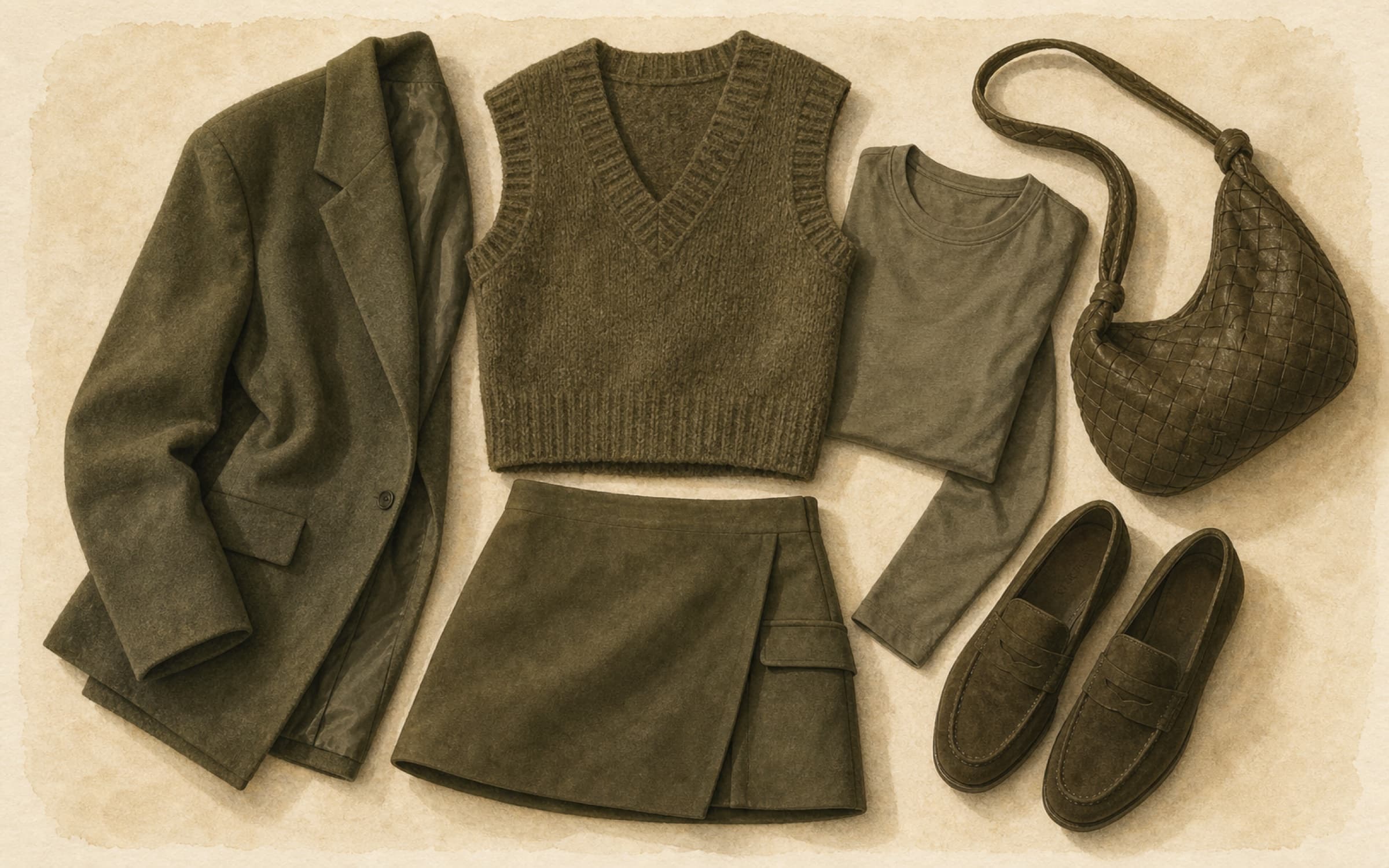 Flat-lay of an olive knit vest with olive blazer, olive long-sleeve top, olive mini skirt, olive shoulder bag, and dark olive suede loafers on cream paper.