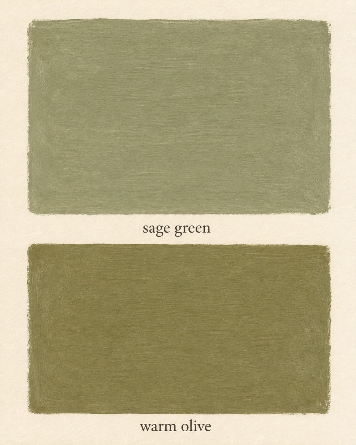 Vertical two-band swatch with sage green on top and warm olive on bottom, labelled with each tone name.