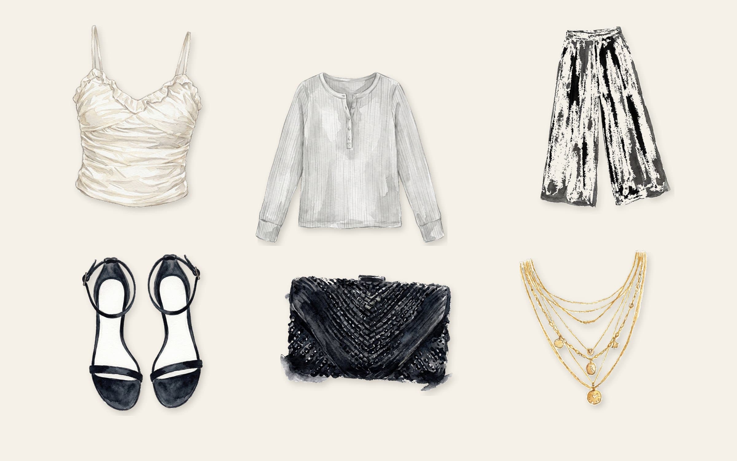 Flat-lay of a light grey sheer long-sleeve top with white cami, black wide-leg trousers, black strappy heeled sandals, black textured clutch, and layered gold necklaces on cream paper.