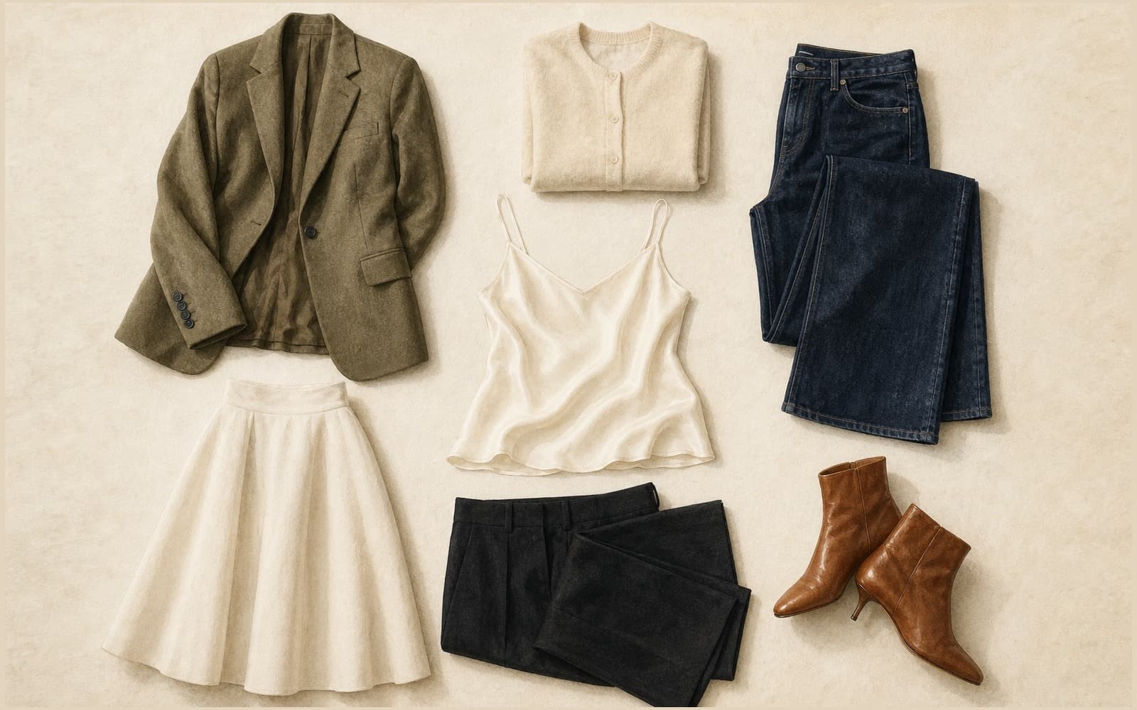 Flat-lay of a warm white silk cami with olive wool blazer, cream cashmere cardigan, dark indigo jeans, ivory midi skirt, black tailored trousers, and cognac ankle boots on cream paper.