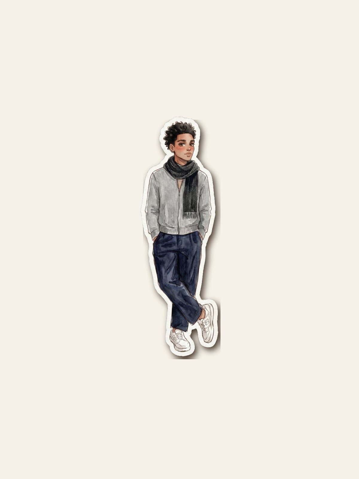 Watercolour illustration of an original figure with complete facial features in a cream knit, black silk scarf, dark navy trousers, and brown ballet flats, in 1956 editorial style.