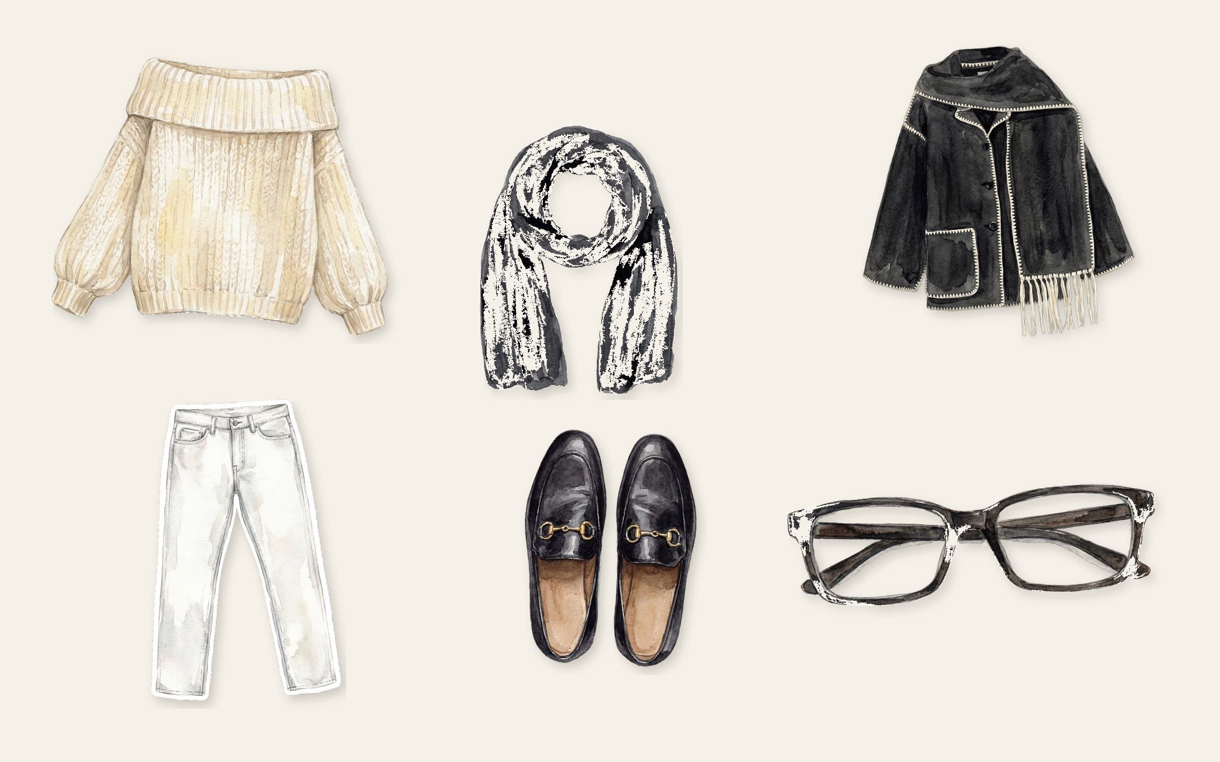 Flat-lay of a black silk scarf with cream off-shoulder knit, charcoal draped jacket, white slim jeans, black horsebit loafers, and dark-framed glasses on cream paper.