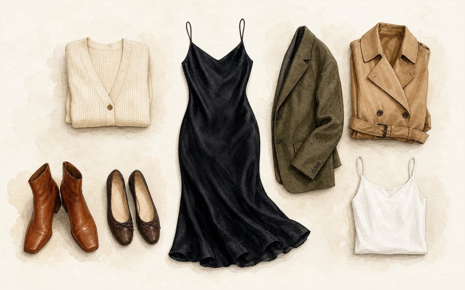 Flat-lay of a black bias-cut silk slip dress with cream knit cardigan, olive wool blazer, camel trench coat, cognac ankle boots, dark brown ballet flats, and a white cami top on cream paper.