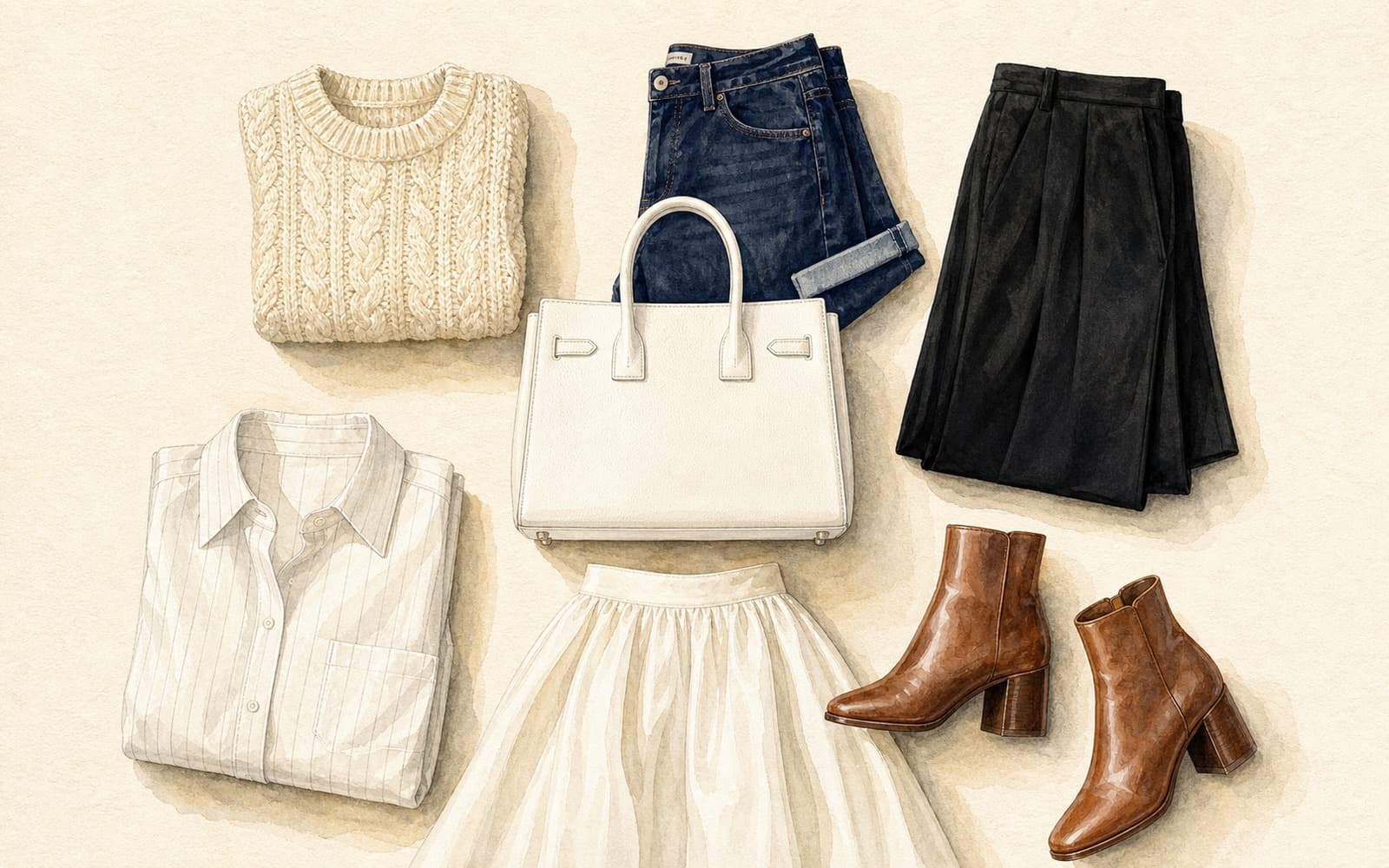 Flat-lay of a white structured leather tote with cream chunky knit, dark indigo jeans, black trousers, white pinstripe shirt, ivory midi skirt, and cognac ankle boots on cream paper.