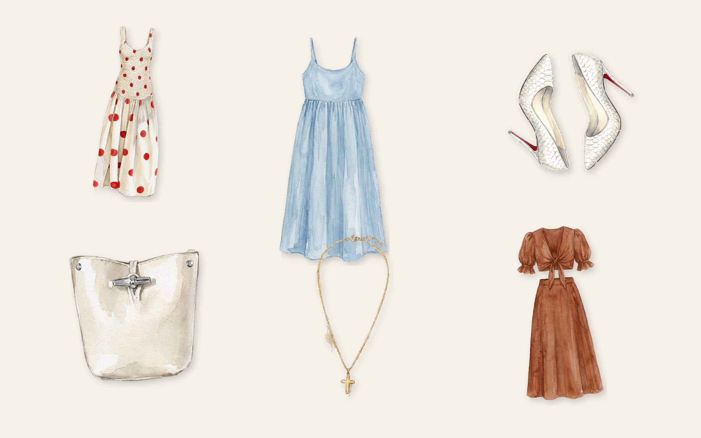 Flat-lay of a powder blue linen midi dress with cream polka-dot maxi alternative, white pointed-toe pumps, cream bucket bag, delicate gold pendant necklace, and rust brown midi alternative on cream paper.
