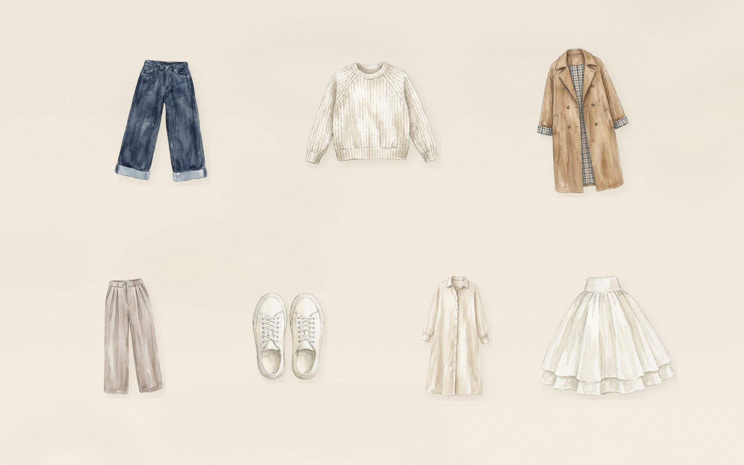 Flat-lay of a low-top white leather sneaker, dark indigo wide-leg jeans, taupe pleated trousers, cream chunky knit, cream linen shirtdress, ivory midi skirt, and camel trench coat on cream paper.