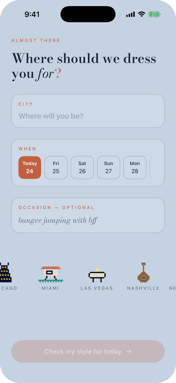 PutTogether's first screen asking where to dress you for, with city, date and occasion fields.