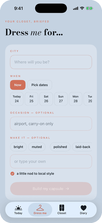 PutTogether's Dress me screen with city, dates, occasion and mood fields.