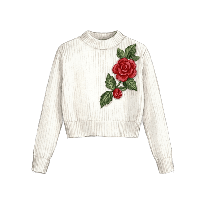 White Rose Appliqué Cropped Knit Sweater