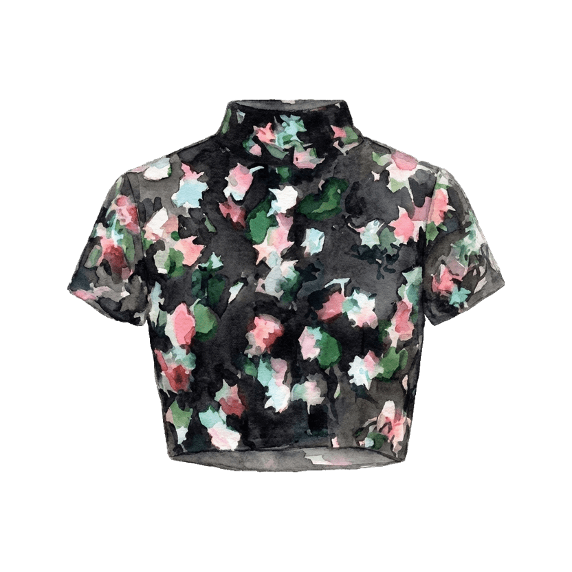 Black cropped short-sleeve top with a stand collar and a pink and mint blossom print