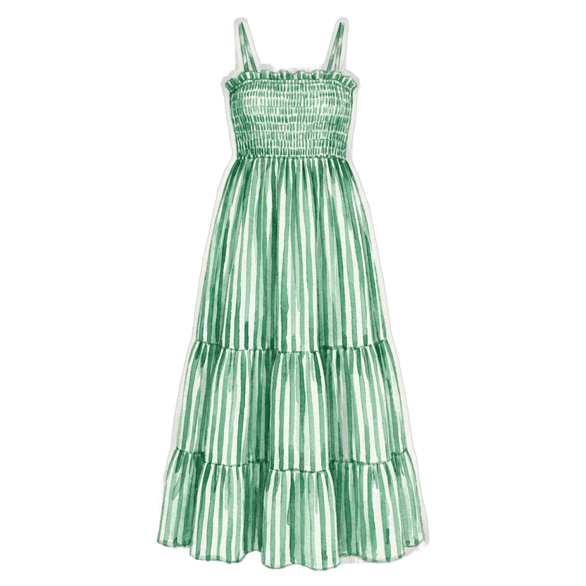 Green & White Striped Tiered Midi Dress