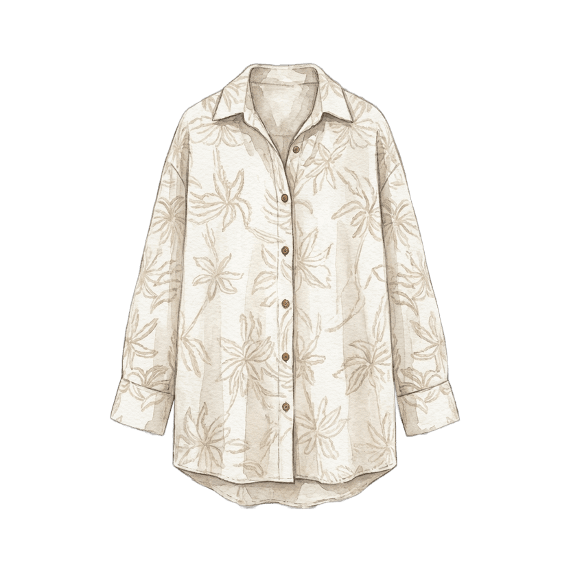 Cream oversized long-sleeve button-down shirt with tonal sand palm-leaf embroidery and wooden buttons