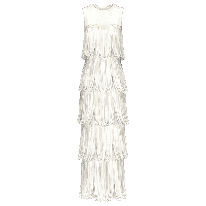 White sleeveless dress with tiers of fringe
