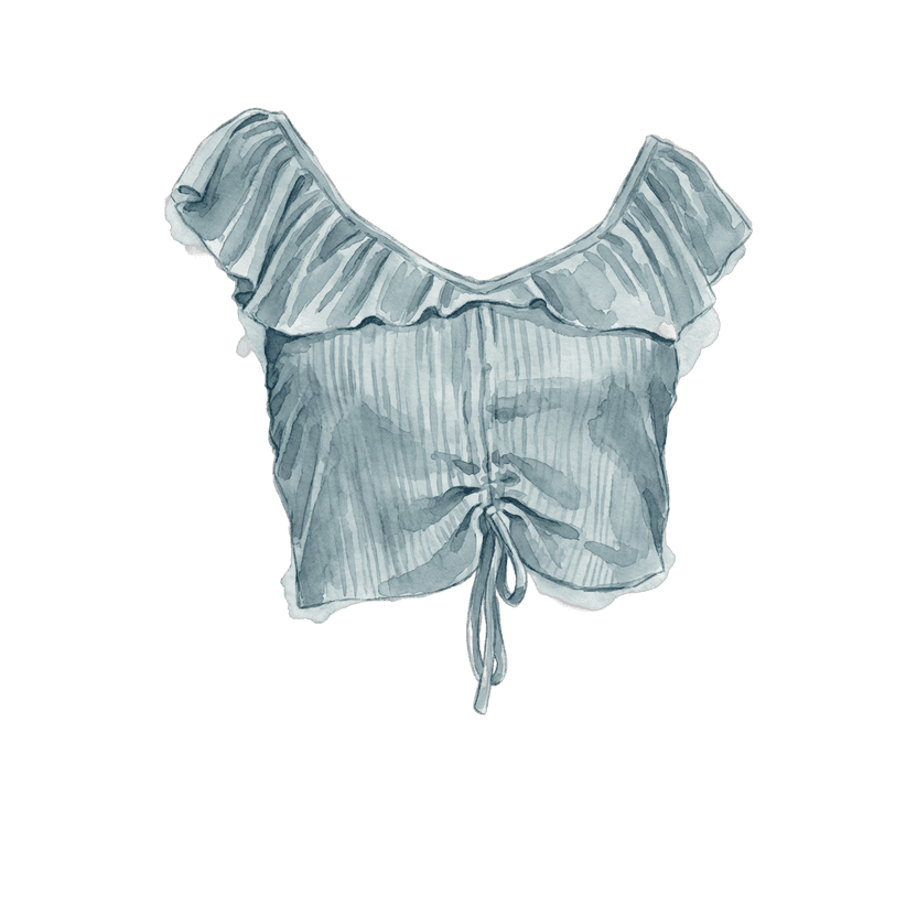 Dusty blue cropped top with a ruffled neckline and a ruched drawstring front