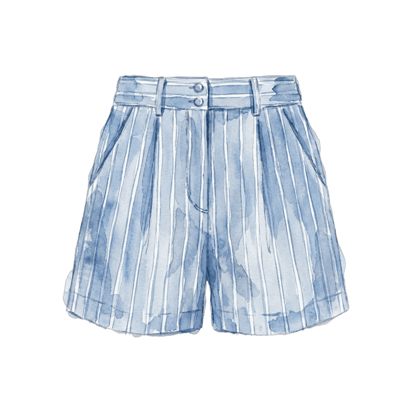 Cornflower-blue vertical-stripe tailored shorts, pleated front