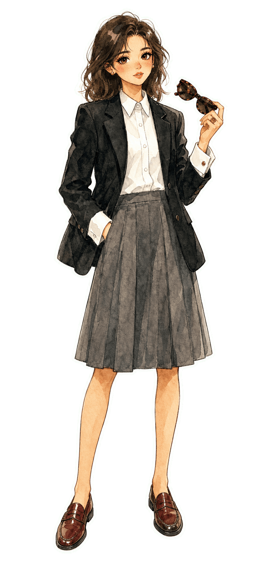 Put Together Library Scholar female recommended look with black blazer, white shirt, grey pleated skirt, oxblood loafers, tortoise sunglasses, and signet ring.